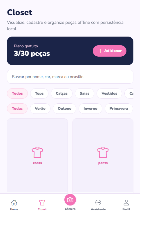 Tela real do Closet Virtual no app