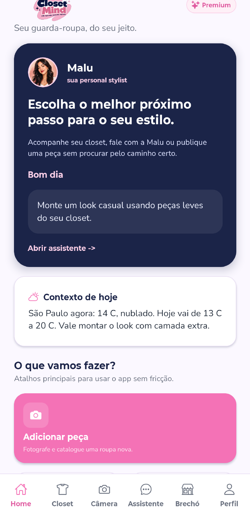 Tela inicial do app Closet Mind com a assistente Malu